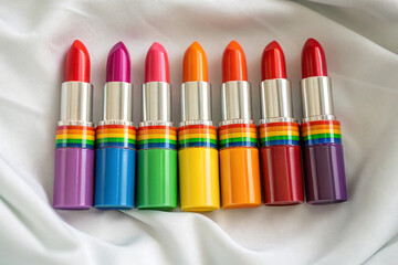 Rainbow lipsticks lay on silky white fabric. Glossy texture. Product photography, poster design, social media.