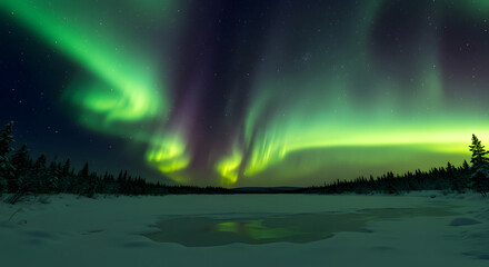 Spectacular green and purple aurora borealis swirls in the night sky above a snow-covered, frozen lake.