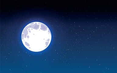 The night sky with a gradient from deep blue to black. In the foreground is a large full moon with visible craters, surrounded by scattered small stars.
