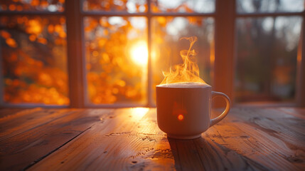 Steaming drink on wooden table, autumn scene