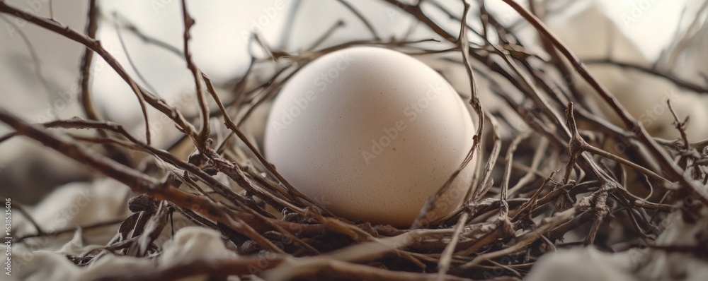 Poster a delicate white egg nestled within a rustic twig nest.