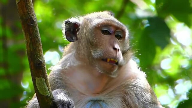 Curious monkey with wide open mouth and sharp teeth perched on a tree branch amidst lush green foliage