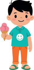 Obraz premium Boy holding pink ice cream cone wearing turquoise shirt and orange pants vector illustration 