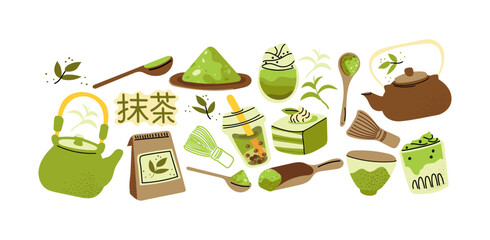 Matcha stickers set. Matcha bowls, whisks, tea pots, brewing tools, matcha latte, tea leaves. Hand drawn minimalist doodles, colorful retro icons. Matcha lovers collection.