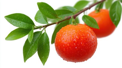 Obraz premium A red and green fruit hanging from a tree