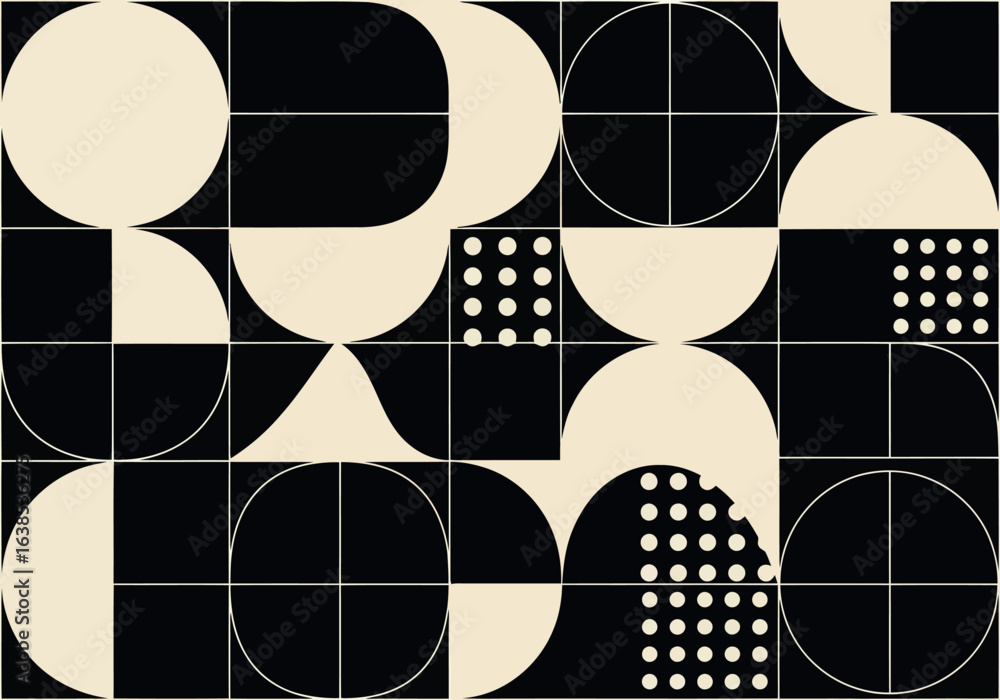 Poster vector art of abstract geometric pattern with circles, squares, and triangles in black and beige, cr