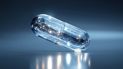 Futuristic translucent capsule floating against a blue medical backdrop with light refraction.