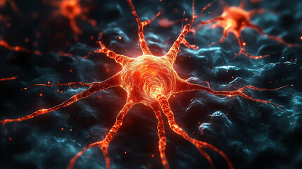 Detailed microscopic view of a red neuron network showcasing intricate neural connections and synapses, highlighting the complexity of the brain’s communication system.

