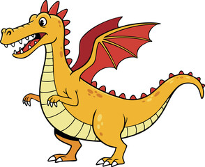 Fototapeta premium Cartoon style orange dragon with red wings and spikes fantasy creature vector illustration 