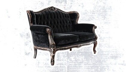 Black velvet loveseat with ornate details