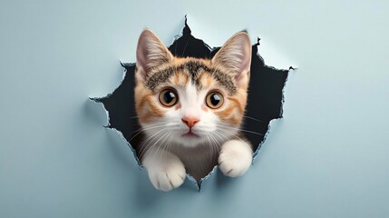 adorable cute lovely kitten peeking through torn paper with big eyes