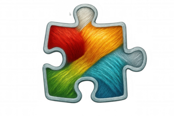 Colorful fur-covered jigsaw puzzle piece creating textured, vibrant visual against transparent backdrop