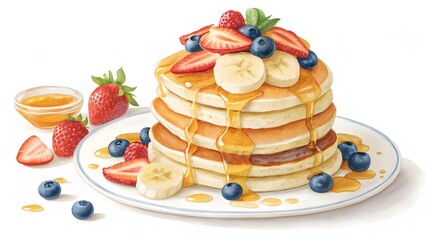 Illustrated Stack of Pancakes with Fresh Berries and Syrup, Hand-Drawn Recipe for Fluffy Pancakes with Fruit, Sweet Breakfast Art Pancakes with Strawberries, Blueberries, and Banana