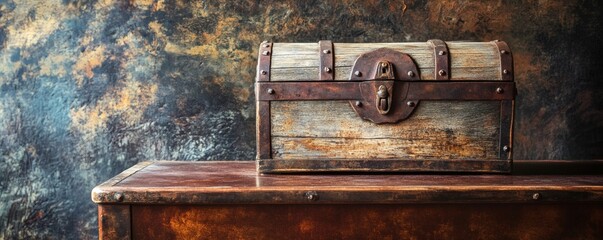Aged wooden chest sits on a rustic table.