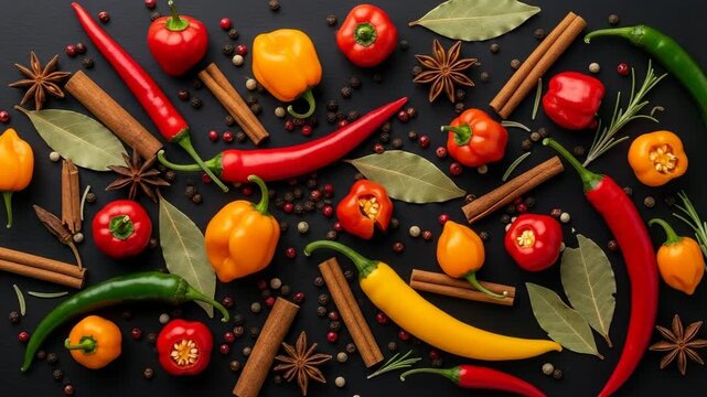 Vibrant Chili Peppers, Spices, and Herbs: A Flat Lay Food Background