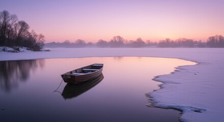Boat on frozen lake amidst snowy landscape in peaceful dusk