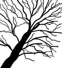 Black silhouette of abstract tree with bare branches without leaves in grunge style isolated on white background