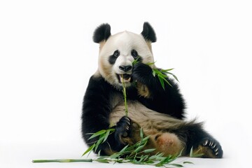 Naklejka premium Giant Panda with Bamboo Isolated White