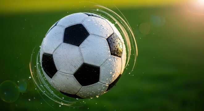 Dynamic soccer ball spinning over green field with sunlight and motion trails for sports advertising and activity concepts - Powered by Adobe