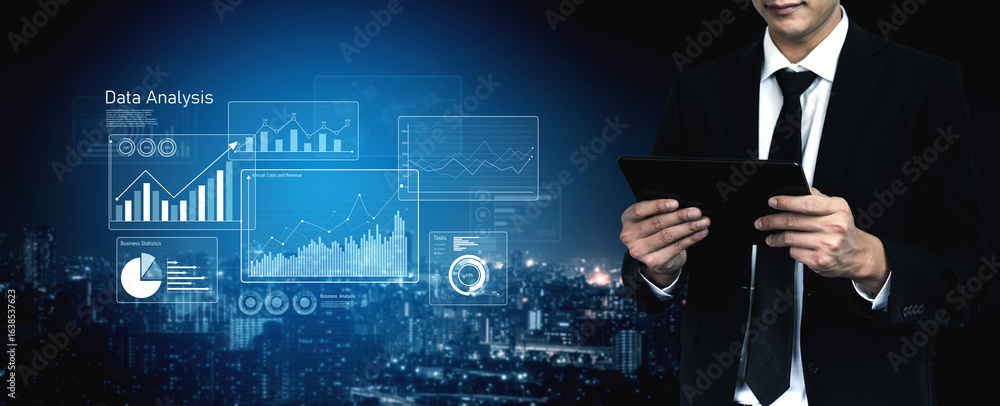 Poster business data analysis dashboard showing charts, statistics, and performance metrics for decision-ma