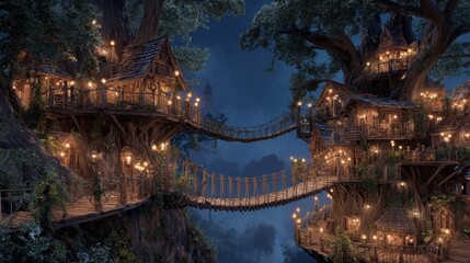Obraz premium Nighttime Treetop Village, Illuminated Bridges, Fantasy Setting, Magical Retreat