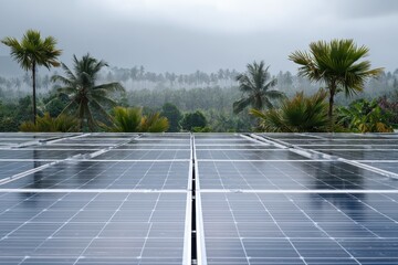 Solar panels, rainy day, tropical forest, sustainable energy