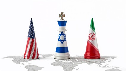 Chess pieces representing usa, israel, and iran isolated on white background
