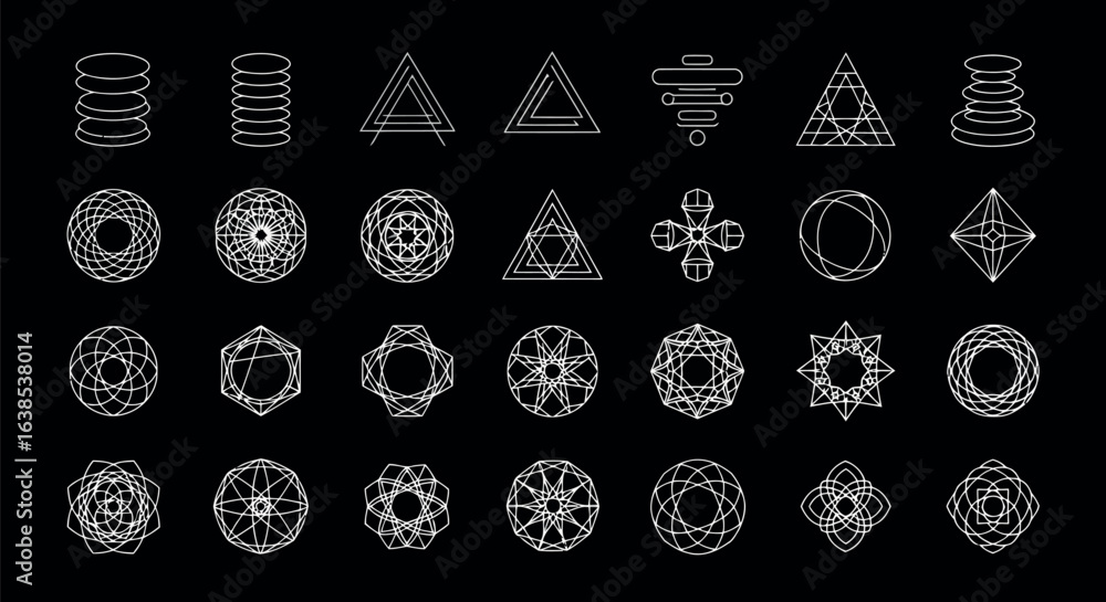 Poster vector art of a diverse set of geometric and abstract shapes, rendered in white line art on a stark 