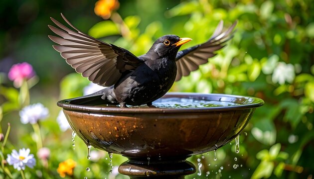 Blackbird bathing in garden fountain