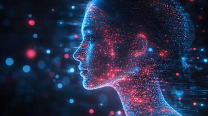 A glowing abstract profile silhouette set against a dark, futuristic tech-inspired background. The image features dynamic light effects and intricate digital patterns, evoking themes of innovation, ar