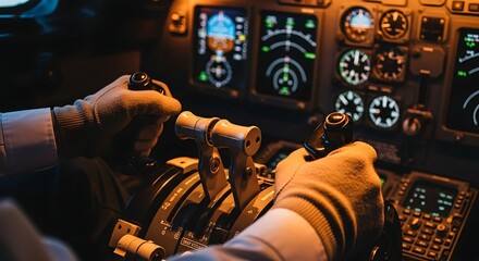 Pilot's hands operating throttle levers in cockpit during flight