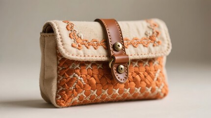 Beige and Orange Textured Pouch with Leather Toggle, Handmade Accessory

