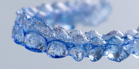 Close-up of a clear, blue dental aligner