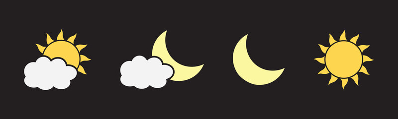 Sun moon icon vector symbol, Set of time of the day icon, Sunset silhouette