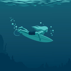 Naklejka premium Female surfer underwater with long hair holding surfboard in deep ocean vector illustration 