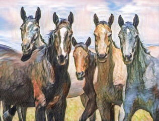 Herd of juvenile Quarter Horse looking head on alertly. Stylized digital photo art.