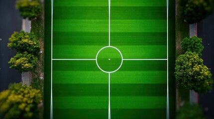 A soccer field with a white circle in the middle