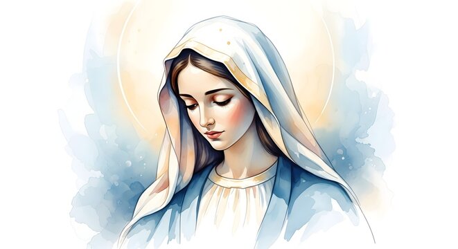 Generative AI of The Virgin Mary in a Soft Watercolor Style, Portrait of the Blessed Mother