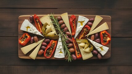 A top-down view of a visually appealing charcuterie board with cheeses, olives, and peppers.
