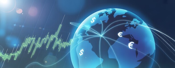 Global Finance: A luminous globe enveloped by financial graphs, currency symbols, and interconnected lines, symbolizing global finance and international trade.