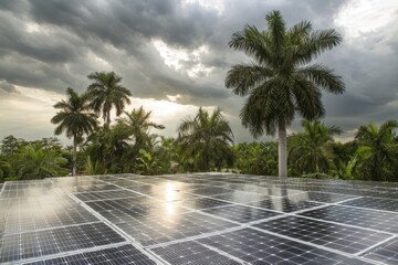 Solar panels on a rooftop, palm trees, sunset, use in sustainability