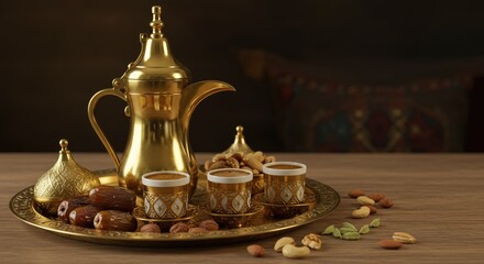 Golden coffee set on a wooden table with dates and nuts