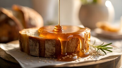 Honey being poured over a slice of bread, creating a mouthwatering visual.