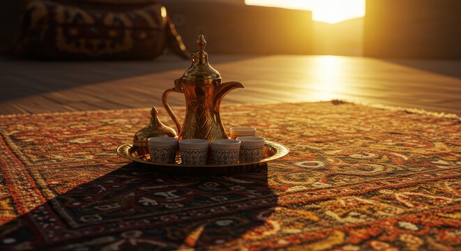 Golden coffee set on a patterned rug at sunset.  A warm, inviting scene