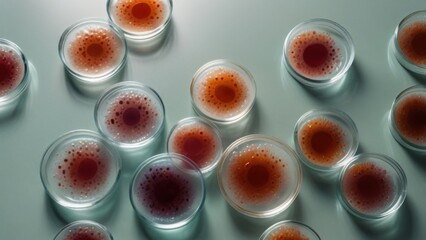 Scientific Overhead Lab Shot of Petri Dishes Containing Red Bacterial Culture