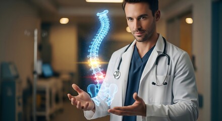 Generative AI of a Doctor Analyzing a Holographic Human Spine, Concept of Futuristic Medical Technology