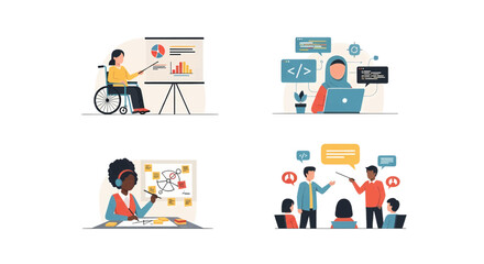 Modern business concepts featuring a diverse and inclusive workforce. Vector illustrations of training, data presentation, and programming.