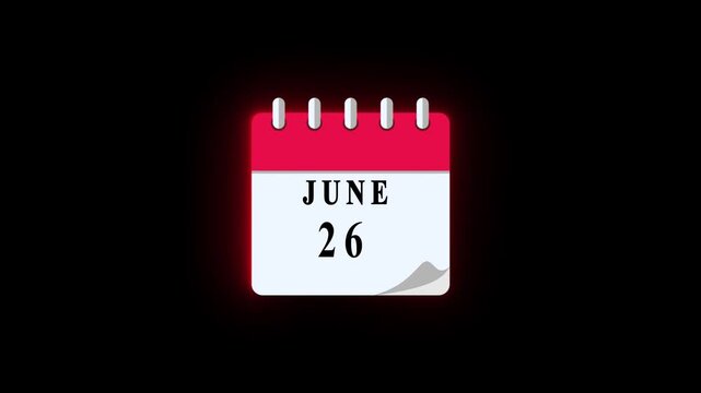 26 June date calendar icon animation, calendar icon video, calendar moving neon black background animation.