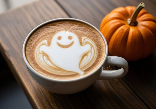 Cute Halloween ghost latte art in a coffee cup with a mini pumpkin on a rustic wooden table