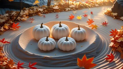 "White Pumpkins and Autumn Leaves on Zen Raked Sand - Minimalist Fall Decor"

